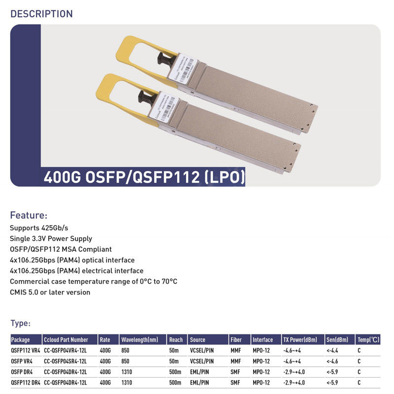 400G QSFP112 SR4 Hot-Plug Multimode Fiber Optic Transceiver 100m Interconnessione per data center e interconnessioni ottiche