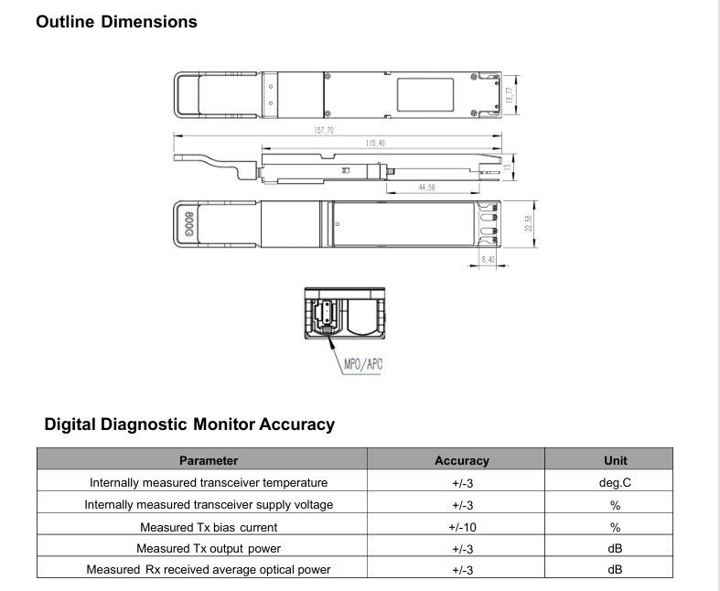 Larghezza di banda 400G Ethernet Network OSFP SR4 Multimode Fiber Transceiver Module con funzioni di diagnostica digitale Hot-Plug