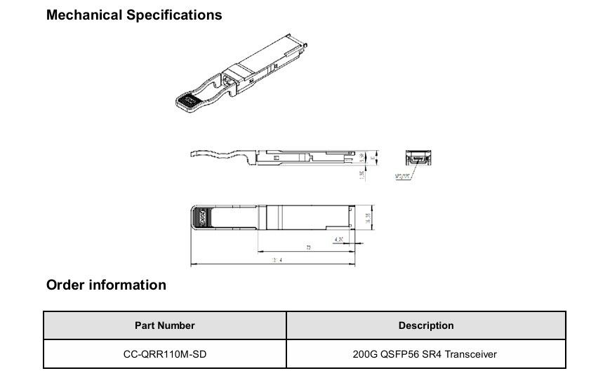 200G-SR4 Trasmettitore ottico multimodo 200G Hot Pluggable Design 1 Max 4W Power Min Receivable Compatibile con OM3/OM4